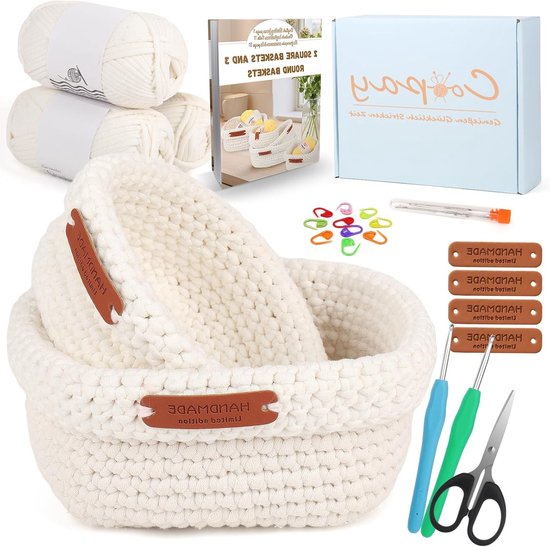 Crochet set voor beginners met 2 maten, vierkante manden en handleiding voor zelf haken van Merkloos