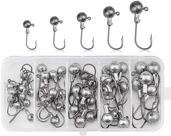 Dailygoods - 45 Stuks Fishing Offset-Haken Set,Vishaken Assortiment Lood-kop-Vishaak Set Met Verschillende Maten Jighaken met Ronde Jighead 2g 3.5g 5g 7g 10g