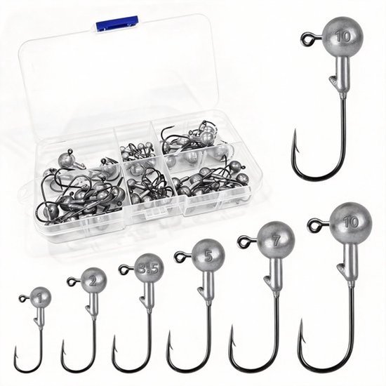Dailygoods - 52 stuks ronde loodkop, 6 maten vishaken met ronde haken (1 g/2 g/3,5 g/5 g/7 g/10 g), hoogwaardige offsethaken voor zoet- en zoutwaterforelvissen