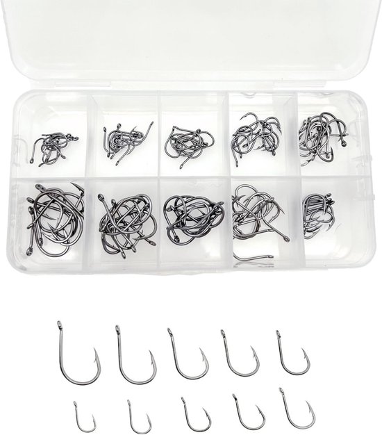Dailygoods - Dailygoody - Koolstofstalen Vishaken - 100 stuks - Diverse Maten - Kwaliteit Vishaak - Voor Hengelsport - Inclusief Plastic Doos