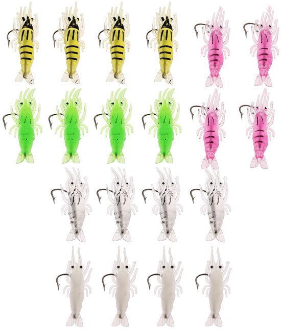 Dailygoods- Garnalen Kunstaas 20 Stuks - Zacht Vis Aas - 3,5 cm - Vijf Kleuren - Effectief voor Zeebaars/Zoutwatervissen - Realistische Details - Visaas van Dailygoods