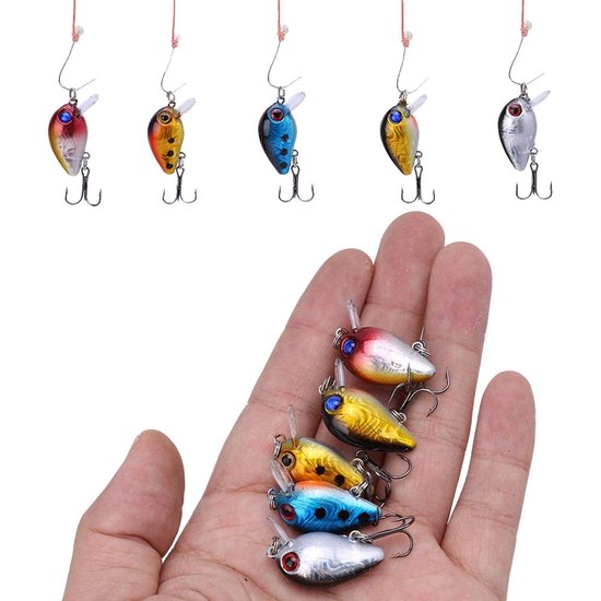 Dailygoods- Kunstaas Set 5 Stuks - Mini Minnow - 3D Holografische Ogen - Duurzaam - Knipperend/Vibrerend - Transparante Doos - Vissersaas