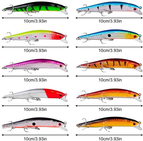 Dailygoods- Minnow 10 Stuks - Kunstmatig Aas - Levensechte Swimbait - 3D Ogen - 10 cm - Zoutwater/Zoetwater Vissen - Kunstaas