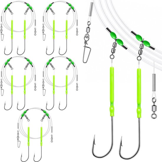 Dailygoods- Onderlijnen 5 Stuks - Flapper Rig - 119 cm Voorgestrikte Montage - Dubbele Haak - Zeevisserij - Kustvisserij - Scherpe Haken - Vissystemen