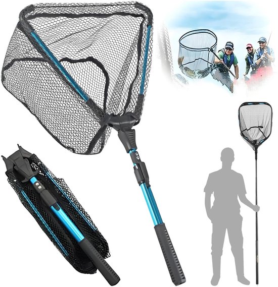 Dailygoods - Schepnet voor vissen, 90 cm, telescopisch schepnet, visschepnet, rubberen coating, voor het vangen van forel, baars, karpers, voor volwassenen en kinderen