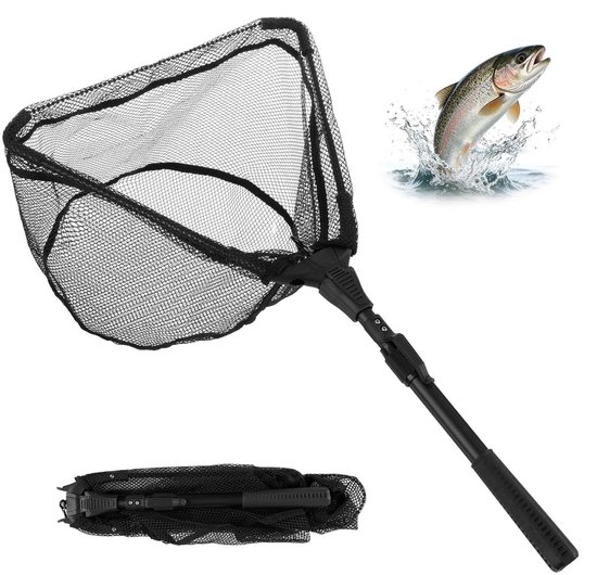 Dailygoods - Schepnet voor vissen, rubberen schepnet 40 x 30 cm, tweedelig, inklapbaar telescopisch visschepnet 90 cm met aluminium frame voor forelvissen, zalm, karpers, bas, catfish