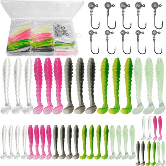 Dailygoods- Visaas 45 Stuks - Zacht Aas - Driehoekige Jigkoppen - 5,5/6,5/7,5 cm - Duurzaam Rubber - Kunststof Doos met 5 Kleuren - Kunstaas