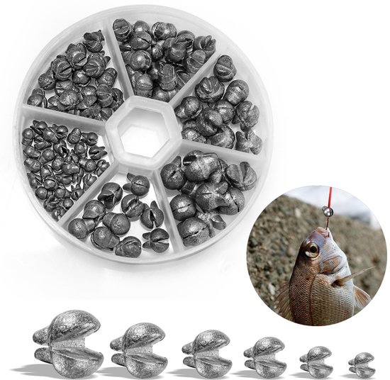 Dailygoods- Vislood 100 Stuks - 6 Maten 0.5g/1g/1.5g/2g/3g/4g - Lood Gewichten - Opbergdoos - Zoet/Zeewater - Zilverkleurig - Visgewichten