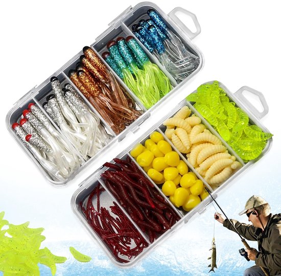 Dailygoods- Vissersaas 210 Stuks - Levensechte Kunstmatige Wormen - Rubberen Aas - Snoek/Roofvis - Zacht/Elastisch - Lichtgevend Effect - Kunstaas