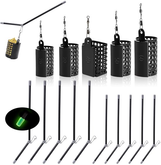 Dailygoods- Voedselmand Set 15-delig - Voedermand 20/30/40/50/60 g - Antitangle Boom - Feeder Accessoires - Geschikt voor Zee- en Zoetwatervissen - Legeringen - Voederkorf