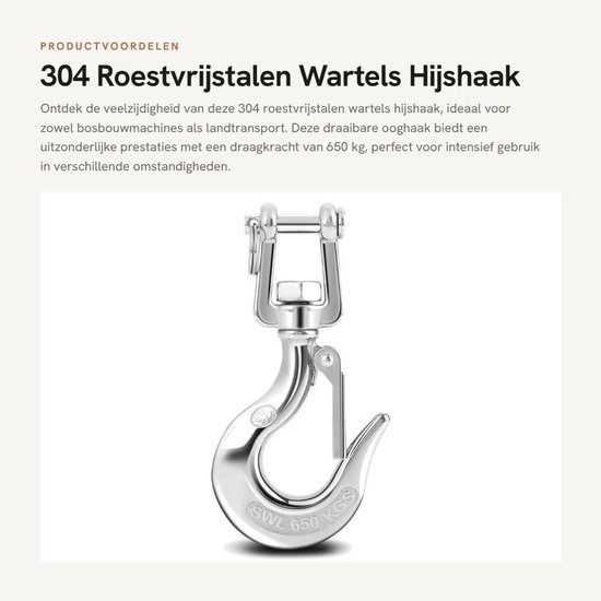 Dailygoods- Wartel 304 Roestvrij Staal - Draaibare Hefhaak - Hijshaak 650kg/1000kg - Rigging-accessoire - Compact en Duurzaam - 360 Graden Rotatie - Haak