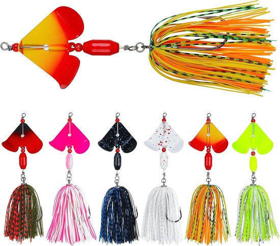 Daity Spinnerbait-aas set (6-delig) — Speciaal voor baars, forel en zalm - inclusief veelkleurige spinners en zwemmende jigkoppen — geschikt voor zowel zoet- als zoutwatervissen.