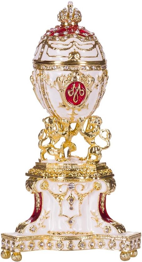 Danila-souvenirs Faberge-stijl Koninklijk Deens Ei (Deens jubileum) juwelendoos juwelenkistje met leeuwen 13 cm rood