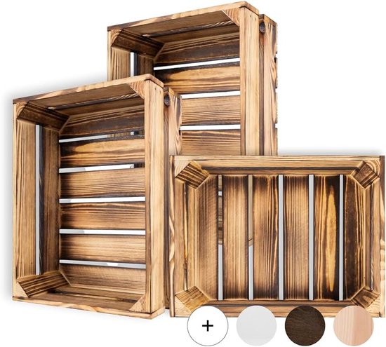 Deco 3 x Gevlamde Houten Doos | 40 x 30 x 15 cm | Vintage Houten Mand | Ideaal voor Opslag Gift Decoratie DIY Ambachten, voor Documenten Speelgoed Gereedschap