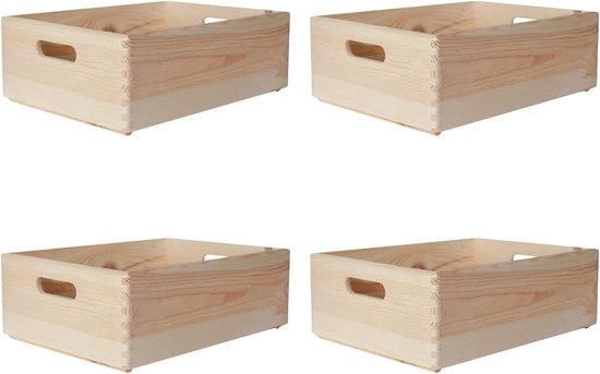 Deco 4 x XL Grote Platte Houten Krat-Doos Kist | 40 x 30 x 14 cm | met Handgrepen, Ongeverfd Onvoltooide Hout | Perfect voor Documenten, Kostbaarheden, Speelgoed en Gereedschap