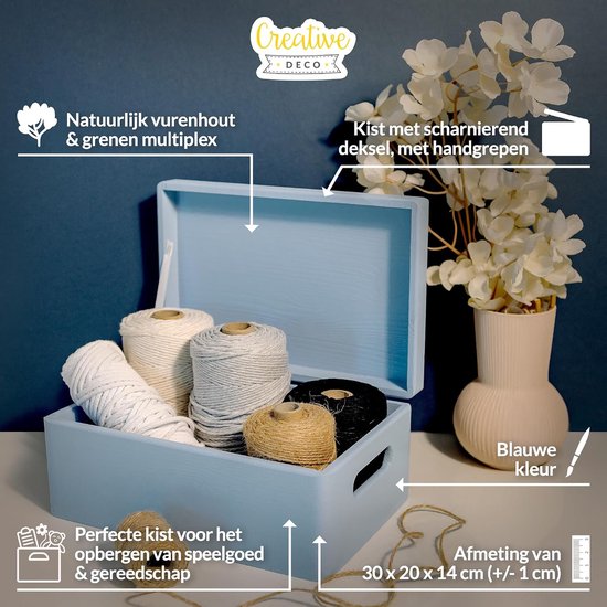 Deco Blauwe Grote Houten Doos Opbergdoos | 30 x 20 x 14cm (+/-1cm) | Met Handvat, Met Deksel | Perfect voor Documenten, Kostbaarheden, Speelgoed en Gereedschap, Kerstmis