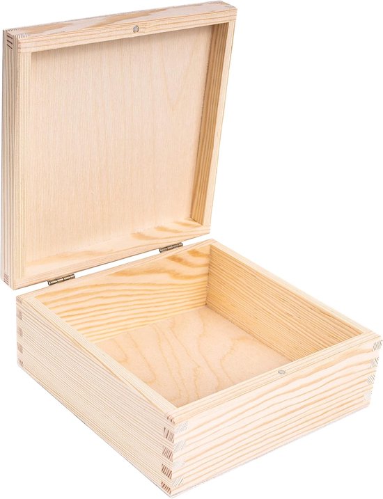 Deco Effen Houten Vierkante Doos Ongeverfd 16,2 x 16,2 x 7,2 cm Met