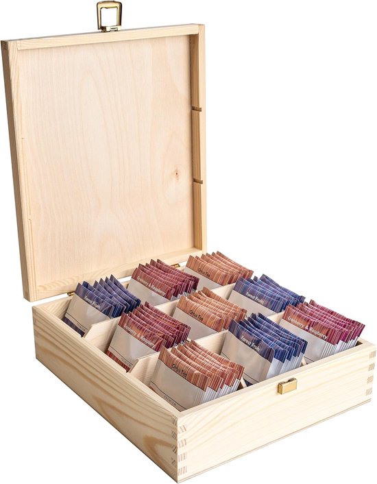 Deco Grote Houten Thee-Doos Opslag | 23.5 x 20.5 x 7.5 cm | 9 Vakken, met Deksel, Gewoon Hout, Borst Perfect voor Decoupage en Decoratie