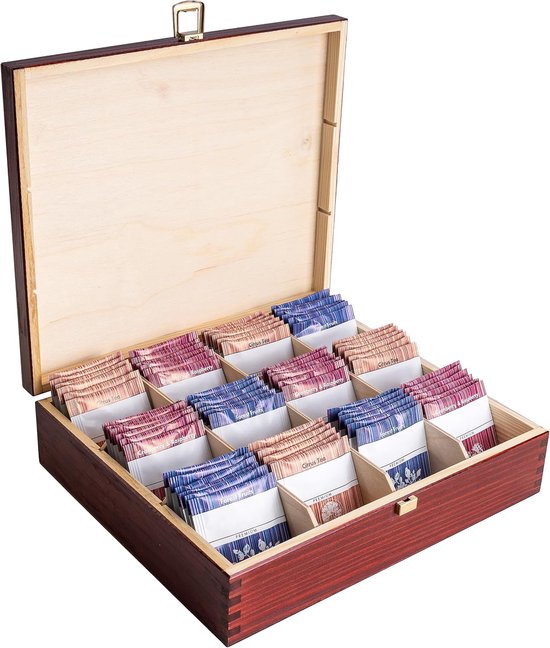 Deco Grote Houten Thee-Doos Opslag Rood | 29 x 25 x 7,5 cm | 12 Vakken, met Deksel, Gelakt Hout, Borst Perfect voor Decoupage en Decoratie