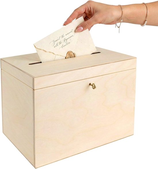 Deco kaartenbox bruiloft houten kist | 29 x 20 x 22 cm | met deksel, houten kist met gleuf, slot en sleutel, Cadeaubonnenbox, geldkist, brievenbus, kist, Opbergdoos, donatiebox