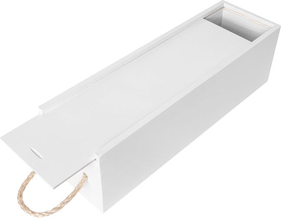 Deco Wit Houten Wijnkist Cadeau Opbergdoos | 35,1 x 11 x 10 cm | 1 Fles, Hout met Touw Handvat & Schuifdeksel, Luxe Doos voor Verjaardag, Huwelijk, Verjaardag
