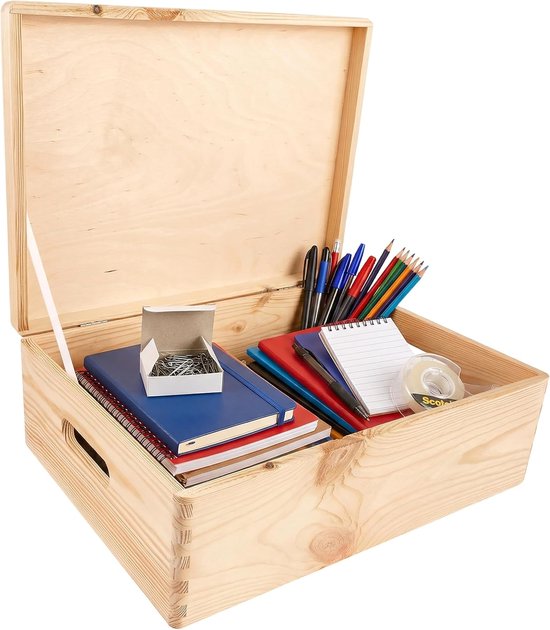 Deco XL Grote Houten Doos Opberg-Kist | 40 x 30 x 14 cm (+/-1cm) | Met Deksel en Handvat | Perfect voor Documenten, Voorwerpen, Speelgoed, Gereedschap, Kerstmis, Kerstmis | RUW EN ONVERZEGELD