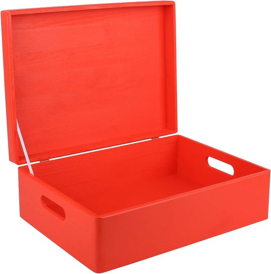 Deco XL Rode Grote Houten Doos Opbergdoos | 40 x 30 x 14 cm | met Deksel, met Handgrepen | Perfect voor Documenten, Kostbaarheden, Speelgoed en Gereedschap, Kerstmis