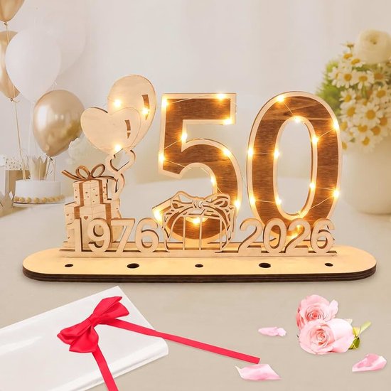 Decoratie 50e verjaardag jubileum gouden bruiloft cadeau 1976-2026 | Geldgeschenken 50e verjaardag mannen vrouwen met LED lichtketting cadeaupapier tafeldecoratie 50 houten bord gastenboek