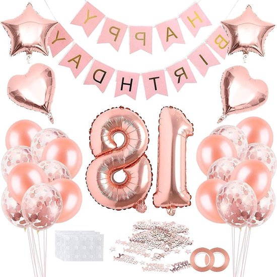 Decoratie Verjaardag Meisje Roségouden Feestballonnen met Nummer 18 - Gelukkige Verjaardag Banner - Slinger - Vrouwen 18e Verjaardagsviering . van Merkloos