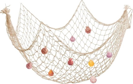 Decoratief visnet met schelpen 150 x 200 cm, natuurlijk decoratienet in mediterrane stijl, decoratie voor huis, huwelijk, feesten en fotografie