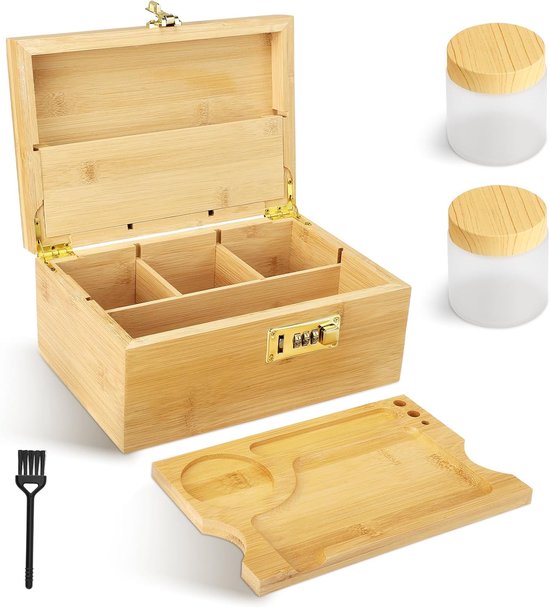 decoratieve bamboebox met cijferslot, bamboe opbergdoos met afneembaar rolblad, glazen container en alle accessoires, opbergaccessoires, cadeauset voor thuis of op kantoor (houtkleur)