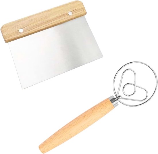 Deegschraper, Deense deegbezemset, deegkaart van roestvrij staal, Deense deeggarde, zuurdeegaccessoires, deegspatel, broodbakset voor amateurbakkers, voor brood, pizza, pannenkoeken, houtkleur