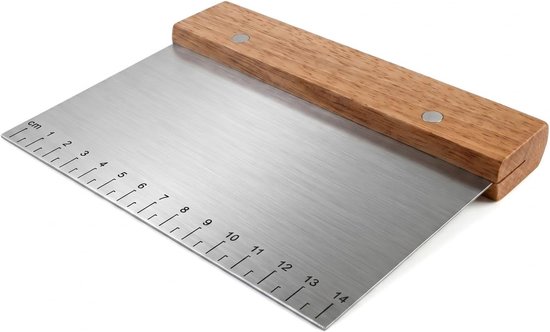 Deegschraper van roestvrij staal met ergonomische handgreep, roestvrijstalen deeguitsteker met houten handvat, deegsnijder met nauwkeurige schaal, keukenspatel, bakaccessoires