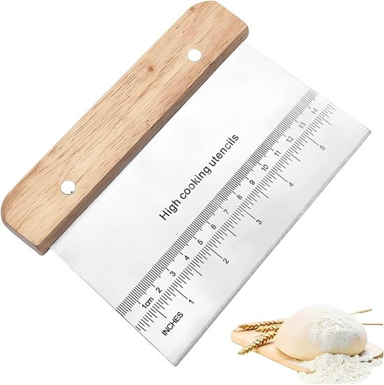Deegschraper van roestvrij staal met maatschaal, 15 x 11 cm voor brood, pizza en gebak, ergonomische houten handgreep, professionele bakaccessoires, 1 stuk