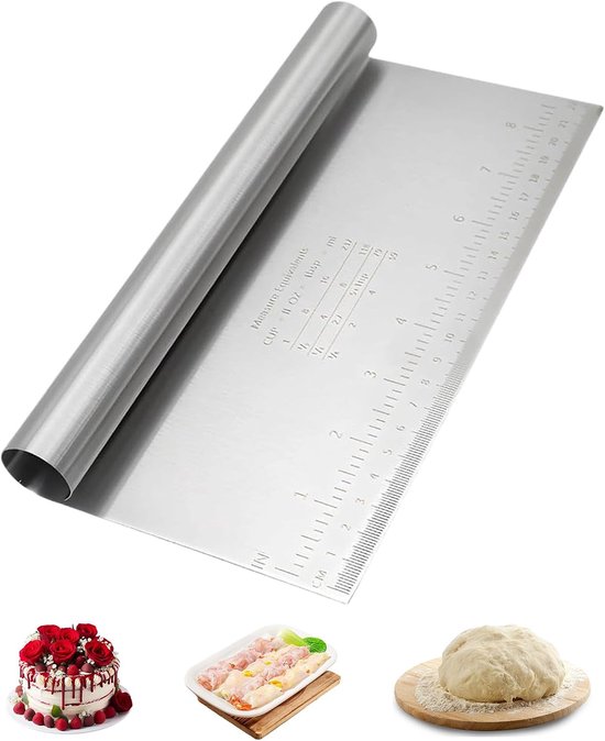 Deegschraper van roestvrij staal met meting, 22 x 12 cm, deegsnijder voor taarten, cakes, pizza, taarten, dough