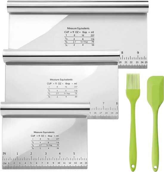 deegschraperset, 5-delig, 3 stuks deegsnijder met meetschaal (15/20/25 cm), deegkaart, siliconen deegspatel en oliekwast, bakgerei voor brood, pizza en cake