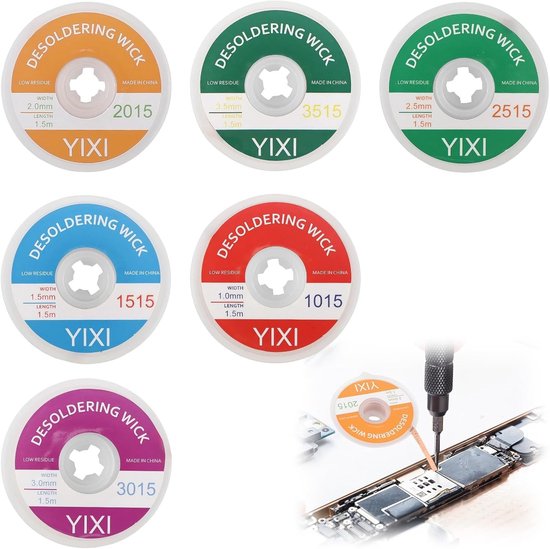Desoldering Braid Set van 6 Stuks, 1.5 m, Voor het Verwijderen van Lood en Demontage van Elektronische Componenten, Efficiënte Ontbinding en Soldering Hulpstukken