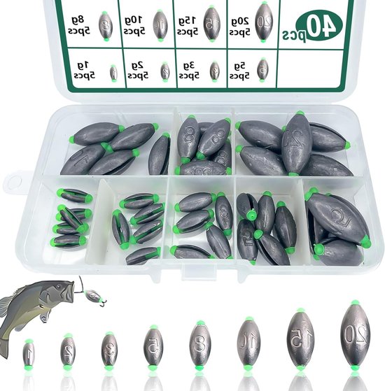 Detachable loodgewichten set van 40 stuks, variërend van 1g tot 20g, met opbergdoos voor zeevissen en zoetwatervissen van Merkloos