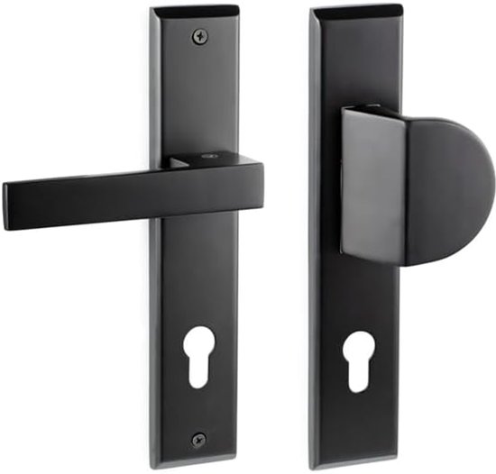 deurklink voor buitendeuren met drukknop, moderne deurkrukset, mat zwart, lang schild, krukgarnituur, 90 mm professionele cilinder (zwart, rechts drukknop met knop)