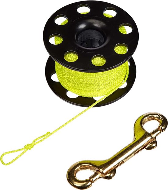 Divers | Onderwaterhaspel van versterkt nylon met neongeel koord en dubbele karabijnhaak van messing van 90 mm | werpafstand 30 meter | Made in Italy van Divers.