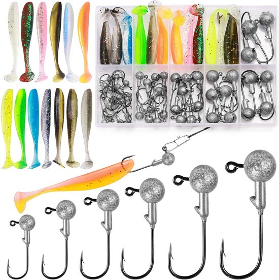 Diverse Rubber Fishing Jig Heads in 6 Maten – 58 Stuks – Ideaal voor Zoet- en Zoutwater, Perfect voor Baars en Andere Vissen