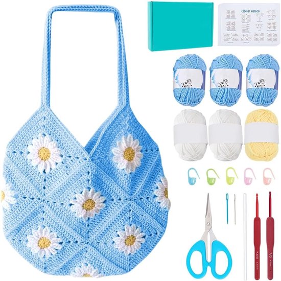 DIY Haakset voor Beginners - Daisy Haakhandtas met Granny Squares en Video-instructies, Lichtblauw, Creatief en Handgemaakt