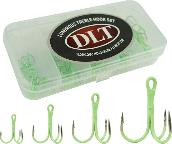 DLT Luminous Treble set 40delig - Maat 10 tot 12- Lichtgevende Dreggen - Incl tacklebox - Roofvissen - Snoek Baars van DLT