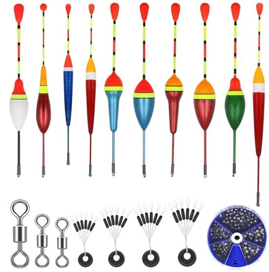 Dobbers Set van 10 - Hengelaccessoires - Rubber Stoppers - Wervels - Vissen - Meer kleuren - Duurzaam Schuim en Lood - Hengelset