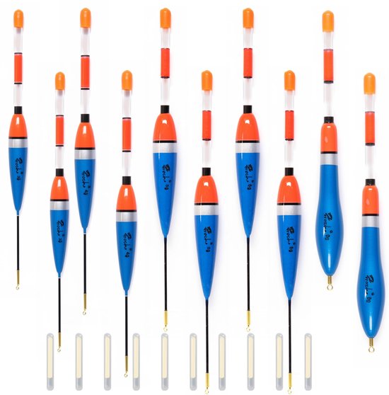 Dobbers, set van 10 stuks, 3 g/4 g/5 g/6 g/8 g, dobbers, met vaste dobberring, hoge zichtbaarheid dag en nacht, voor meer, rivier en vijver, ideaal voor paling, snoekbaars en meer