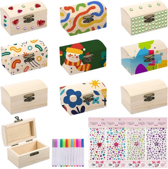 Doe-het-zelf, kleine houten kist met deksel, kleine schatkisten van hout, schatkist voor kinderverjaardag, met diamantsticker voor creatieve hobby, decoratie