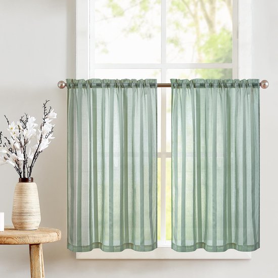 Doorschijnende netgordijnen met trekkoord, transparante bistrogadine, landhuis strepen, voile keukengordijn, gestreepte keukengordijnen, paar voor badkamer, klein raam, 90 x 60 cm (b x h