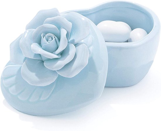 Doos in hartvorm, van keramiek, voor gastgeschenken, bloemen, elegant cadeau voor bruiloften. Hemelsblauw.