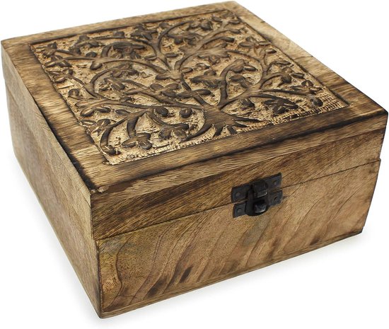 Doos schatulle houten kistje India 17x17x10 cm, hout bruin houtsnijwerk, schatkistje sieradenkist met klapdeksel kist doos