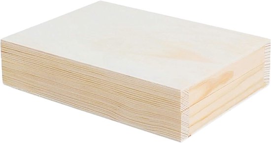 Doos van massief grenenhout en rechthoekig plaatwerk, 15 x 11 x 3,5 cm.